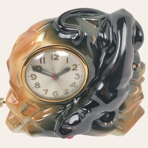 Vintage MCM Black Panther Mantle Clock Art Deco Look Ceramic Sleek Cat Gold Trim